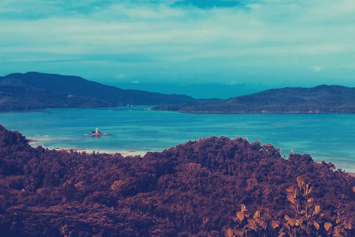 Coastline and forested hills at Puerto Princesa, Palawan.