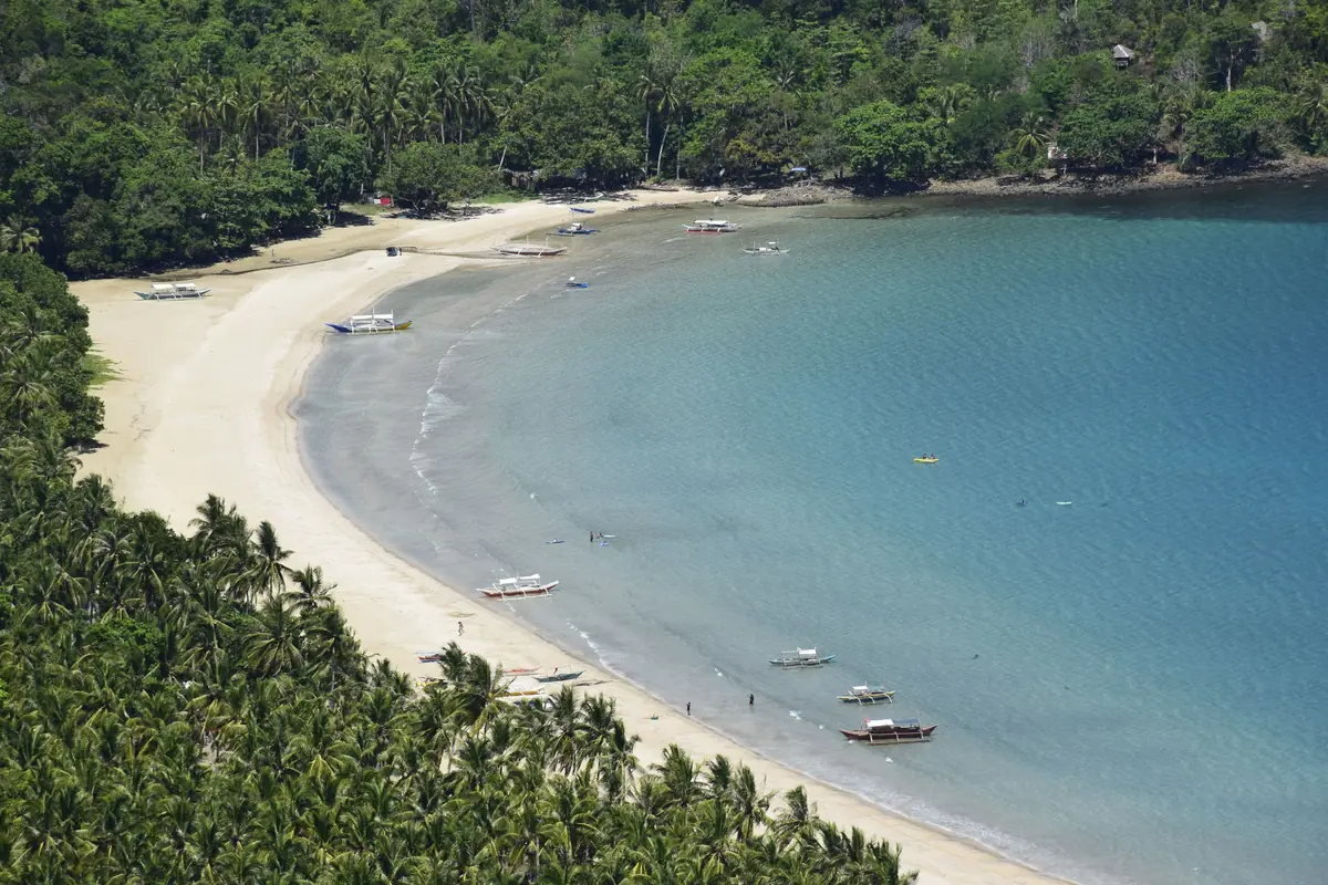 Aerial view of Nagtabon Beach in Palawan, Philippines, with clear water and forested headlands.